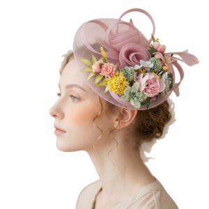 Dusty Rose Floral Fascinator Hat Mesh Bow Flower Statement Headpiece