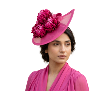 Fuchsia Floral Fascinator Hat with Sculptural Mesh Bow Statement Headpiece